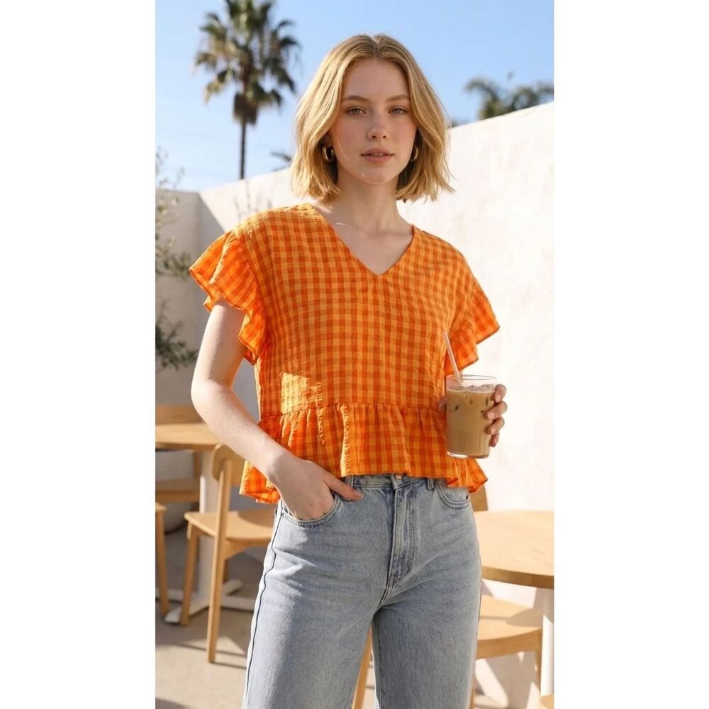 M&M Orange Gingham Peplum Top Size Large